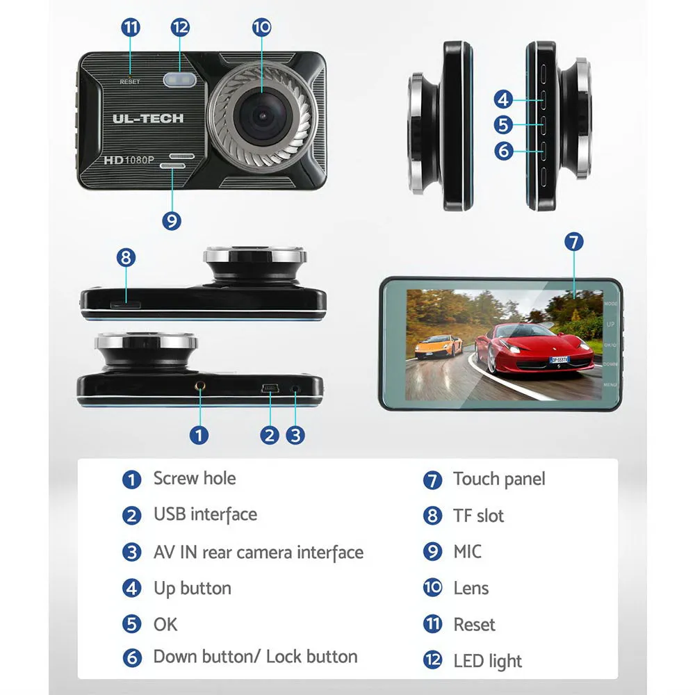 1080P 4" Dual Dash Camera, Night Vision, 32GB – UL-tech