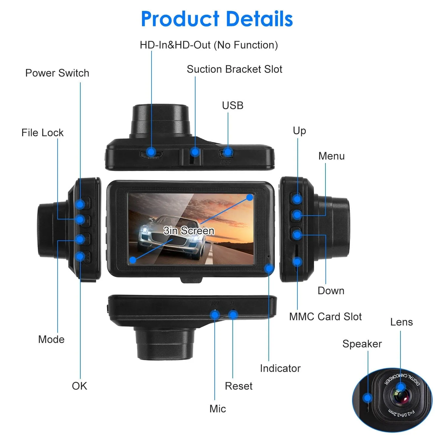 1080P Car DVR 3" Camera Dash Cam with 100° Angle Loop Recording Motion Detection