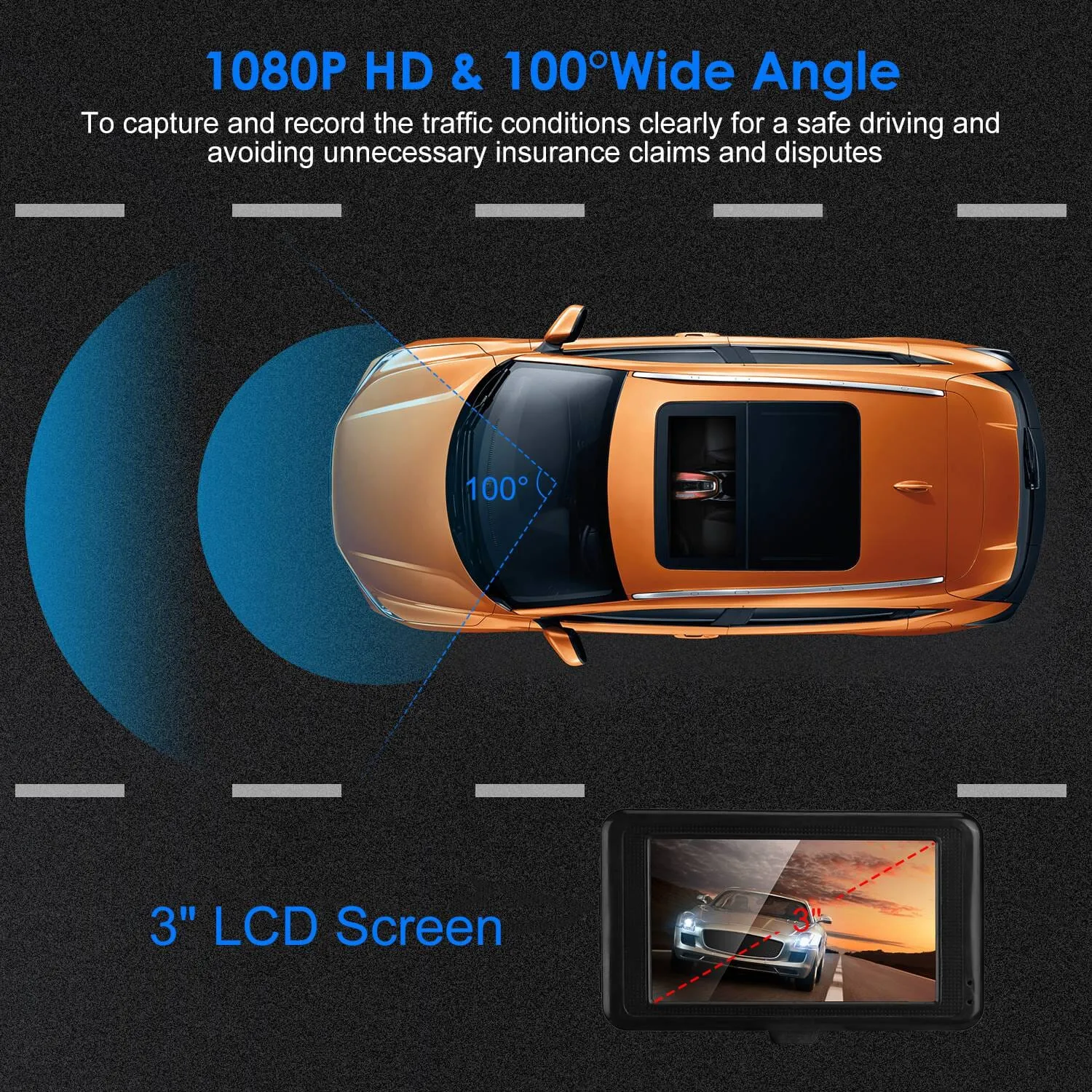 1080P Car DVR 3" Camera Dash Cam with 100° Angle Loop Recording Motion Detection