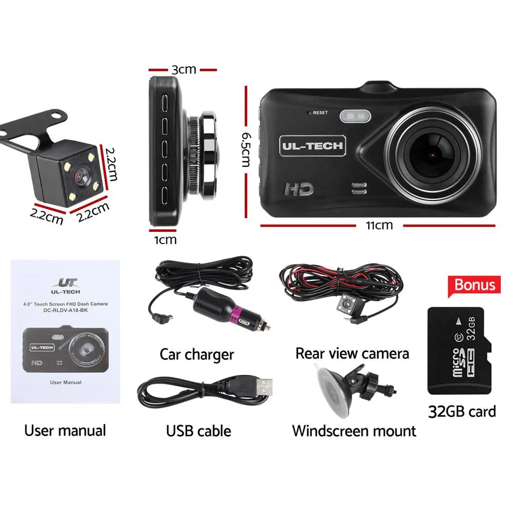 1080P Dual Dash Cam 4" LCD, Night Vision, 32GB - UL-tech