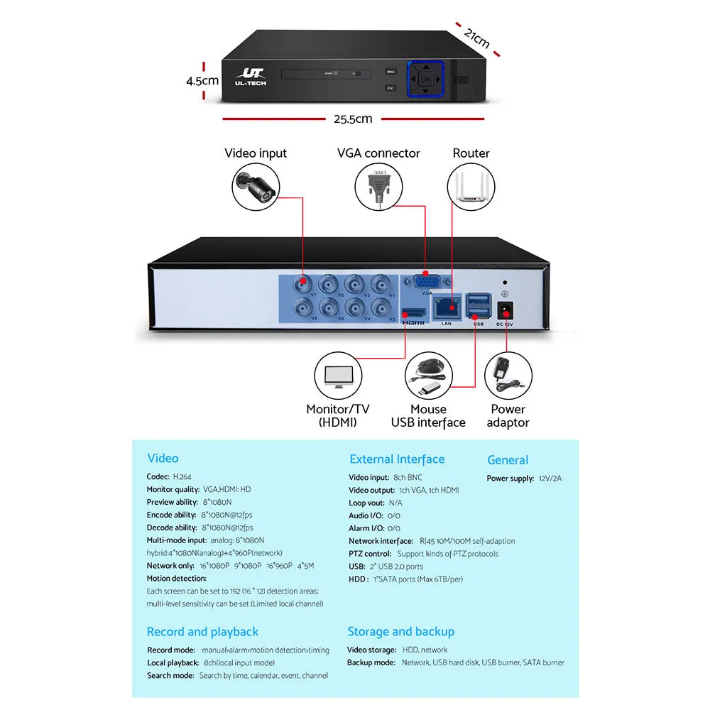 1080P HD 8CH DVR CCTV System 4 Cameras, Night Vision, UL-Tech