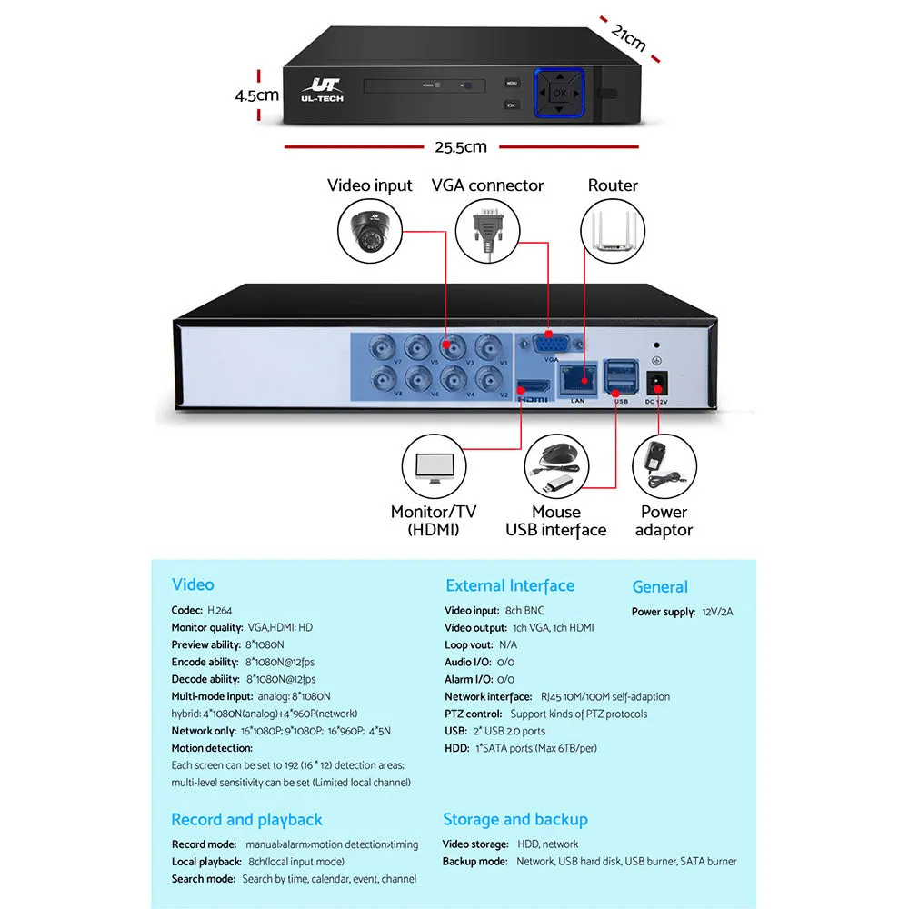 1080p Motion Detection CCTV System 8CH DVR 4 Cameras UL-Tech