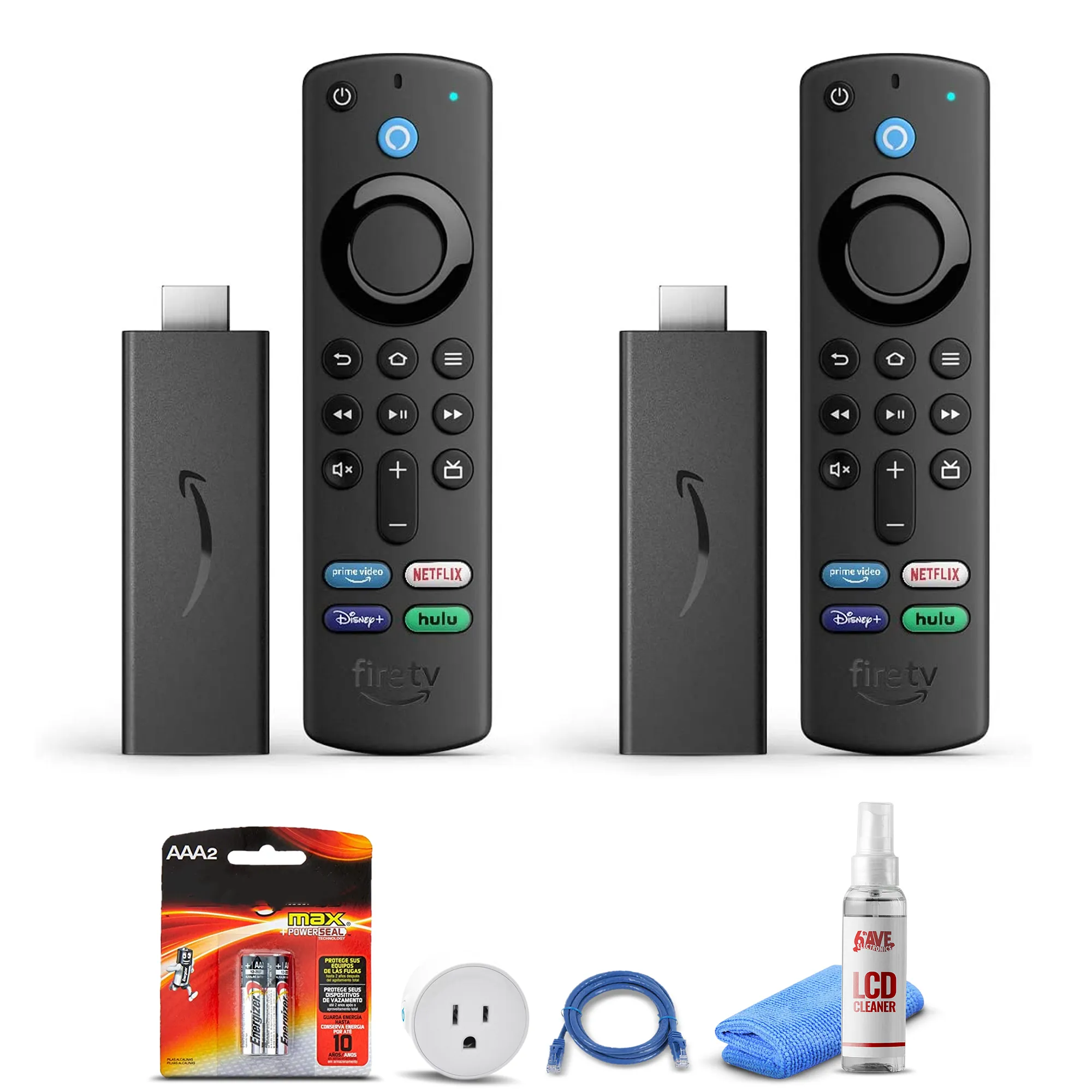 (2) Amazon Fire TV Stick (2021)   Smart Plug   Cat5 Cable   Batteries