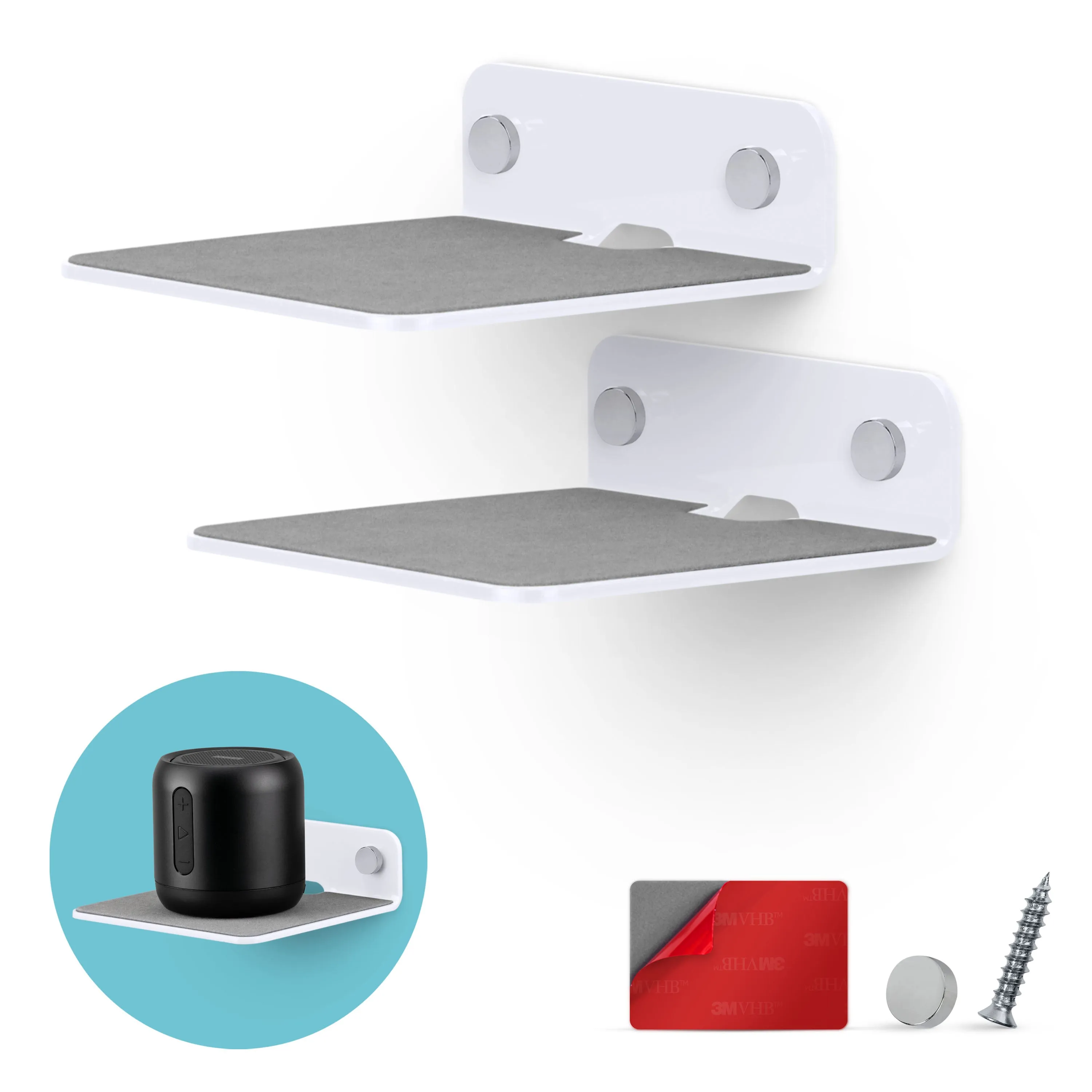 (2 Pack) 4" Small Floating Shelf Bluetooth Speaker Stand, Adhesive & Screw Wall Mount, Anti Slip, for Cameras, Baby Monitors, Webcam, Router & More