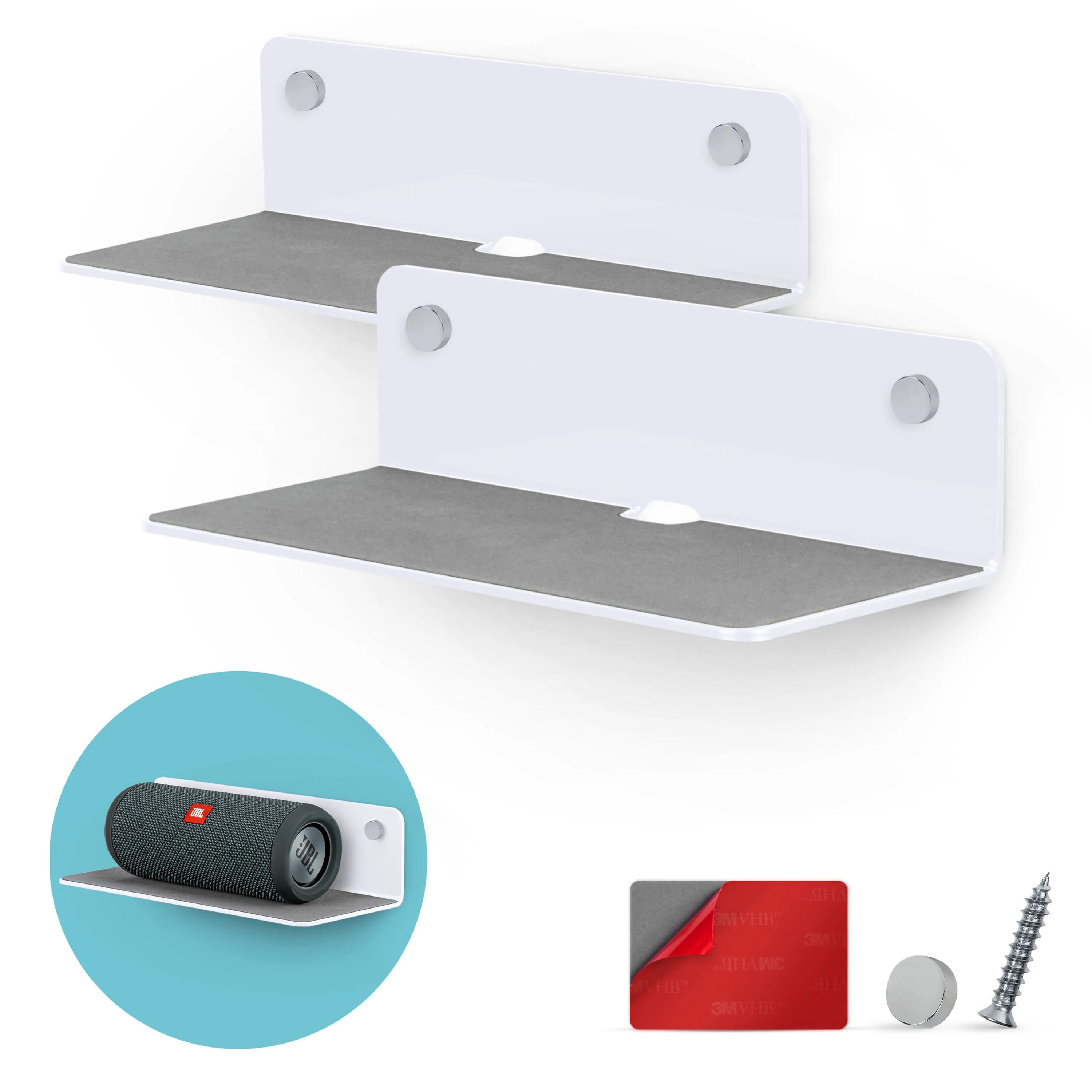 (2 Pack) 9” Floating Shelf Bluetooth Speaker Stand, Adhesive & Screw Wall Mount, Anti Slip, for Cameras, Baby Monitors, Webcam, Router, Wide Universal Holder Shelves by Brainwavz (SHELF23)