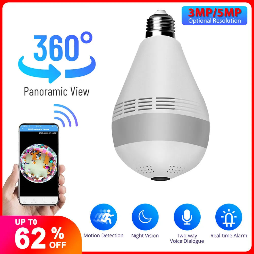 360 ° Fisheye Draadloze Panoramisch Wifi Camera 3/5MP Home Security Ip Camera Verlichting Nachtzicht Twee Audio Licht lamp Wifi Camera