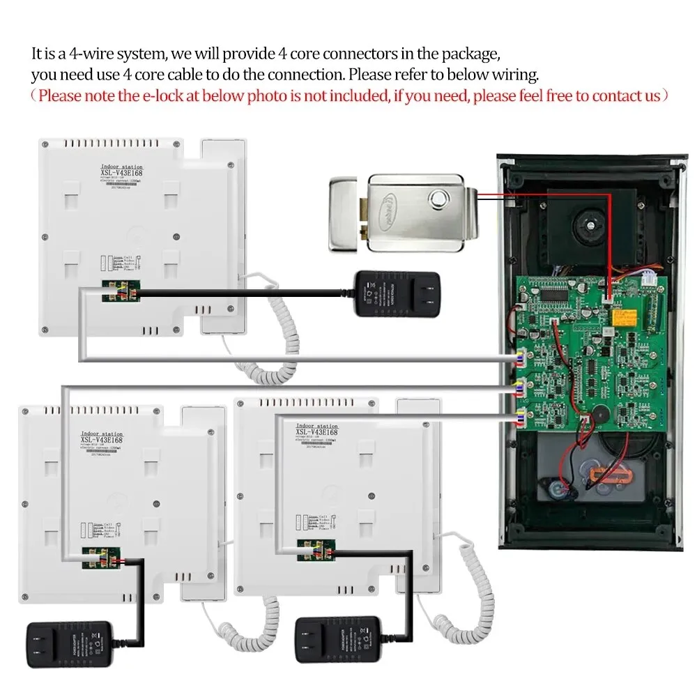 4.3'' Home TFT Wired Video Intercom Doorbell System RFID Camera with 3 Monitor Exit Button  Electric Lock   Door Access System