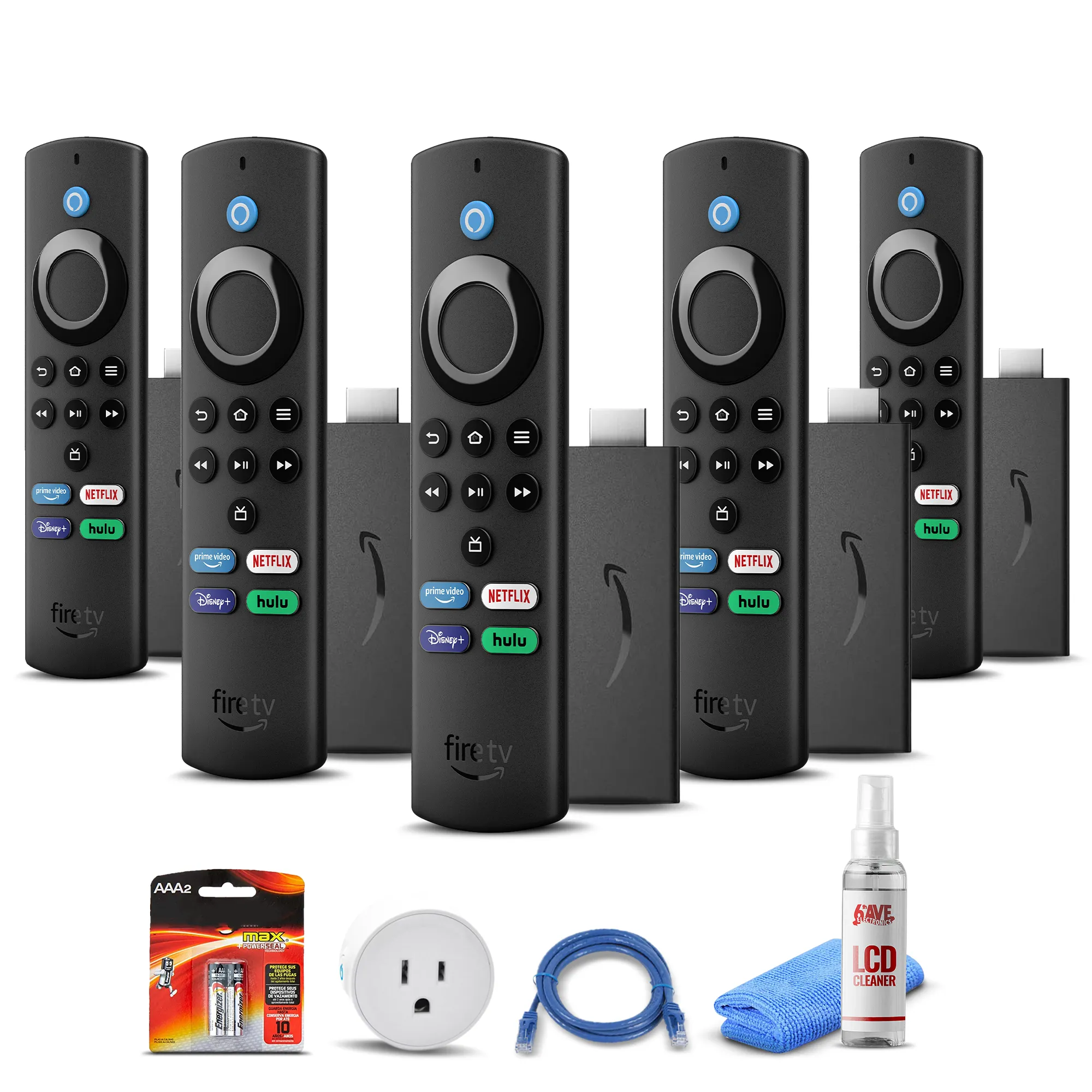 (5) Amazon Fire TV Stick Lite (2021)   Smart Plug   Cat5 Cable   Batteries