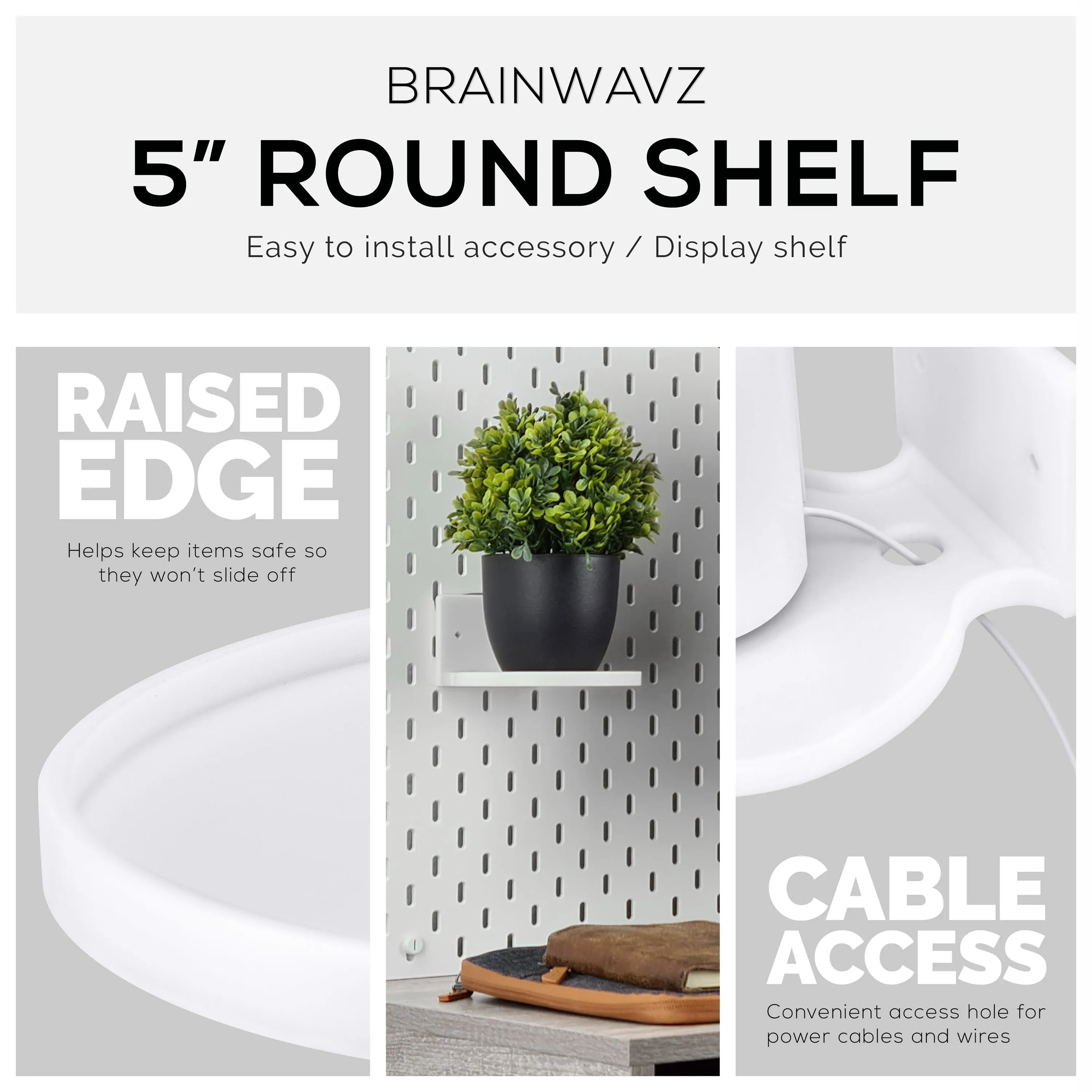 5” Round Floating Shelf, Screw & Adhesive, for Security Cameras, Baby Monitors, Speakers, Plants & More