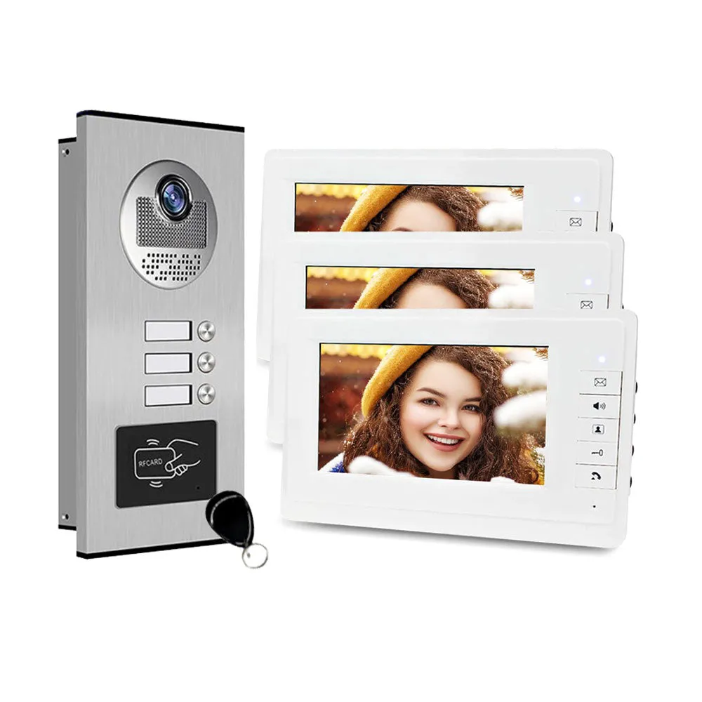 7'' TFT Screen Wired Video Intercom System RFID Access Entry Camera Doorbell 2 Monitors for Multi- Apartments/Home Security