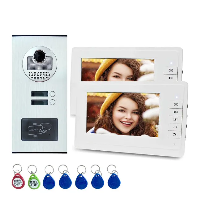 7'' TFT Screen Wired Video Intercom System RFID Access Entry Camera Doorbell 2 Monitors for Multi- Apartments/Home Security