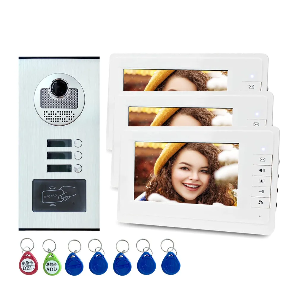 7'' TFT Screen Wired Video Intercom System RFID Access Entry Camera Doorbell 2 Monitors for Multi- Apartments/Home Security