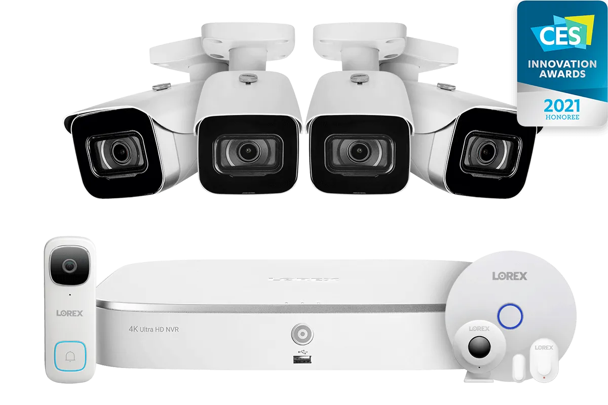 8-Channel NVR Fusion System with Four 4K (8MP) IP Cameras, 2K Wi-Fi Video Doorbell, and Smart Sensor Starter Kit