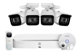 8-Channel NVR Fusion System with Four 4K (8MP) IP Cameras, 2K Wi-Fi Video Doorbell, and Smart Sensor Starter Kit