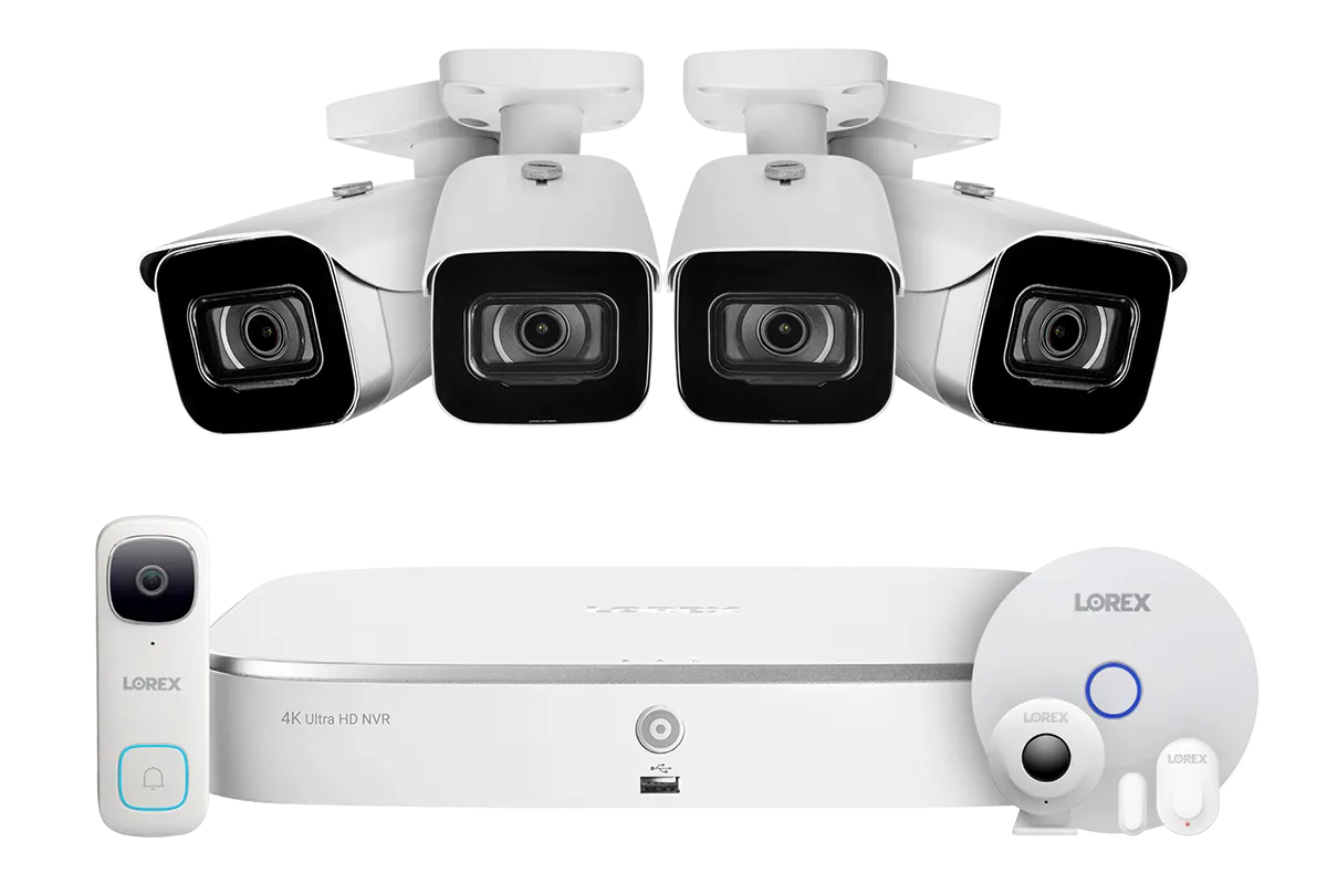 8-Channel NVR Fusion System with Four 4K (8MP) IP Cameras, 2K Wi-Fi Video Doorbell, and Smart Sensor Starter Kit