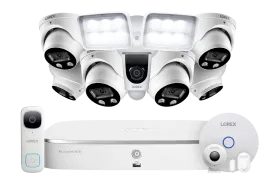 8-Channel NVR Fusion System with Six 4K HD Smart Deterrence IP Dome Cameras, 2K Wi-Fi Video Doorbell, Wi-Fi Floodlight Camera and Smart Sensor Starter Kit