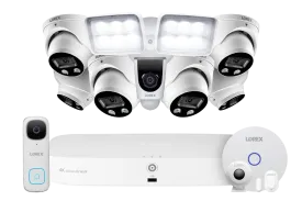 8-Channel NVR Fusion System with Six 4K Smart Deterrence IP Dome Security Cameras, 2K Wi-Fi Video Doorbell, Wi-Fi Floodlight Camera and Smart Sensor Starter Kit