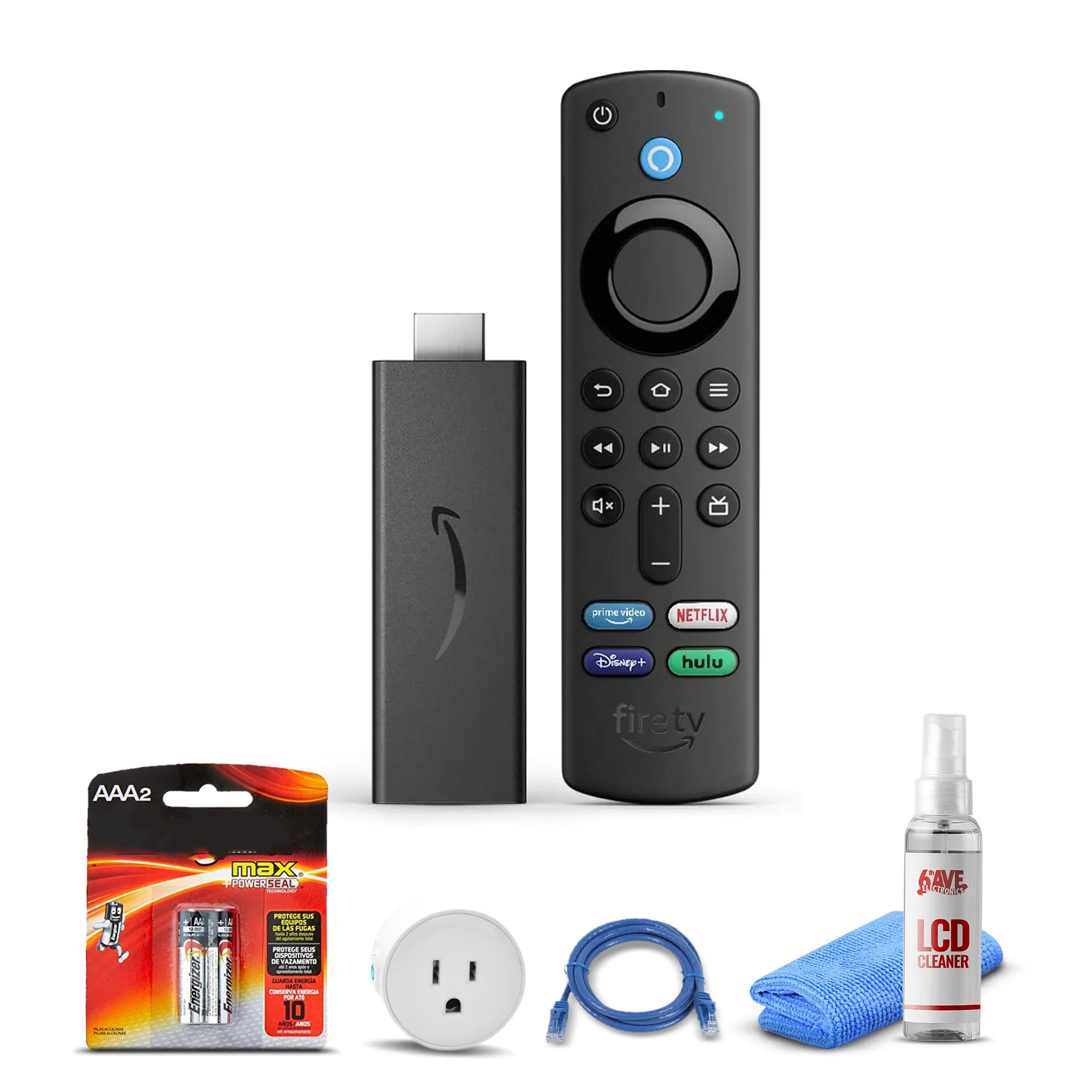 Amazon Fire TV Stick (2021)   Smart Plug   Cat5 Cable   Batteries Bundle