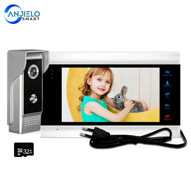 AnjieloSmart 7 inch LCD Video Doorbell Intercom System Motion Detection Record with 32G Memory SD Card Home Access Control System