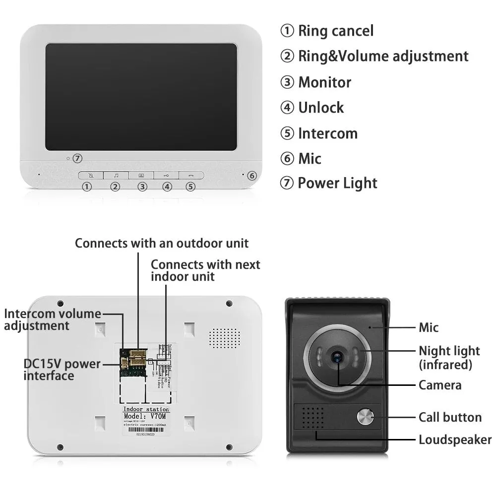 AnjieloSmart 7 inch Monitor Doorbell Dual-Way Intercom Wired Video Door Phone for Home Security System Support Electric Lock Connect