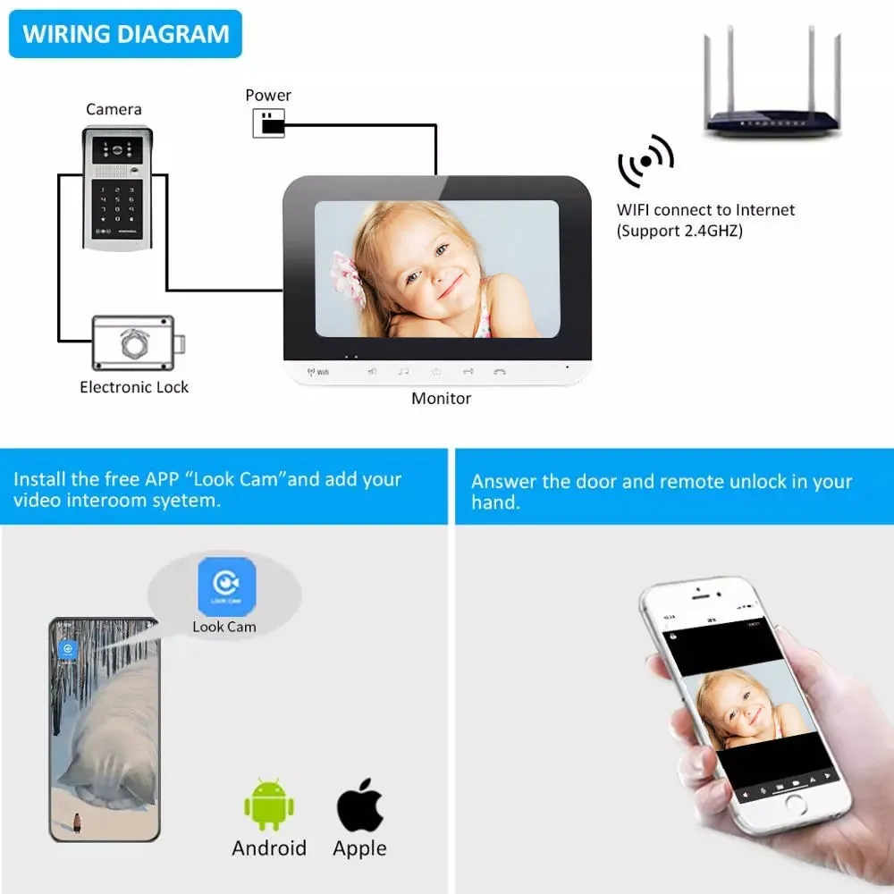 AnjieloSmart 7 Inch WiFi Smart Video Door Phone Intercom System with AHD Wired Doorbell Camera Home Security Record Remote Unlock For Villa