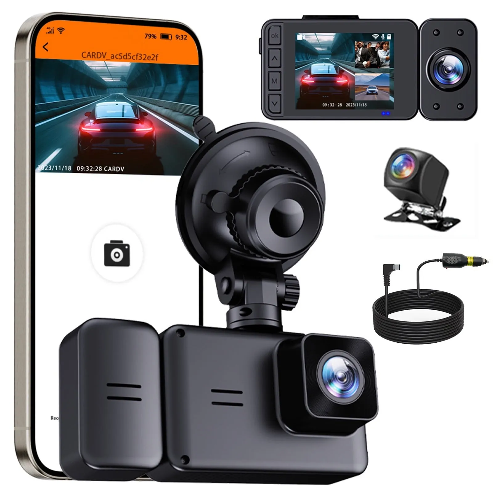 classic 3 Channel Dash Cam with WiFi 1080P FHD Car Driving Recorder 2-inch IPS Screen Three Lens Car Camera 170 Wide Angle/Motion Tracking/Reverse Image/G Sensor/HD Night Vision,Black