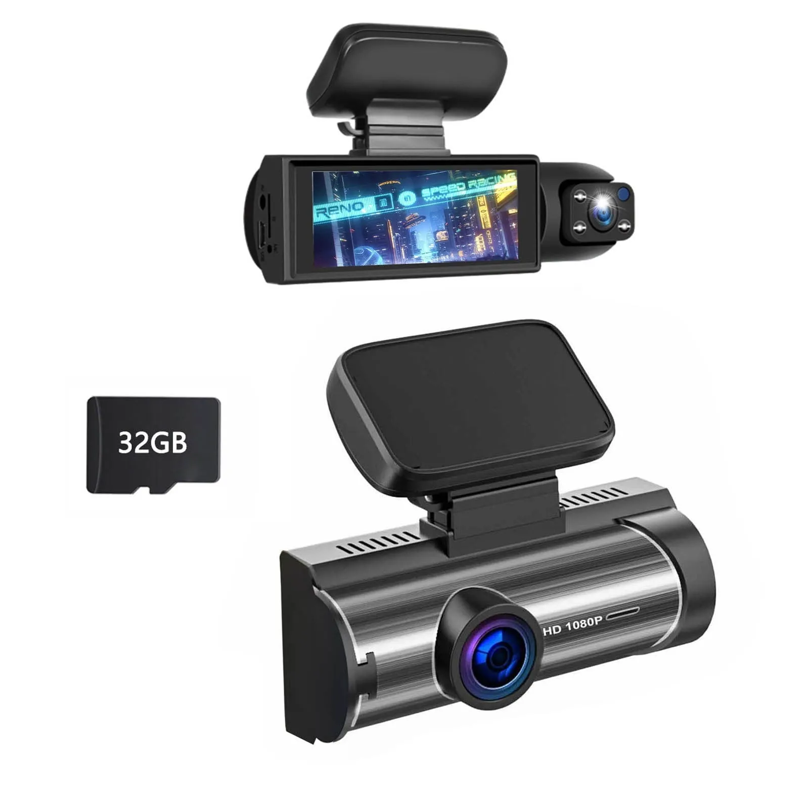 classic 3 Lens 1080p high-Definition Driving Recorder, Recording in Front of and Behind The car simultaneously, with Multiple Languages, 32GB Card, HDR, G Sensor, Loop Recording