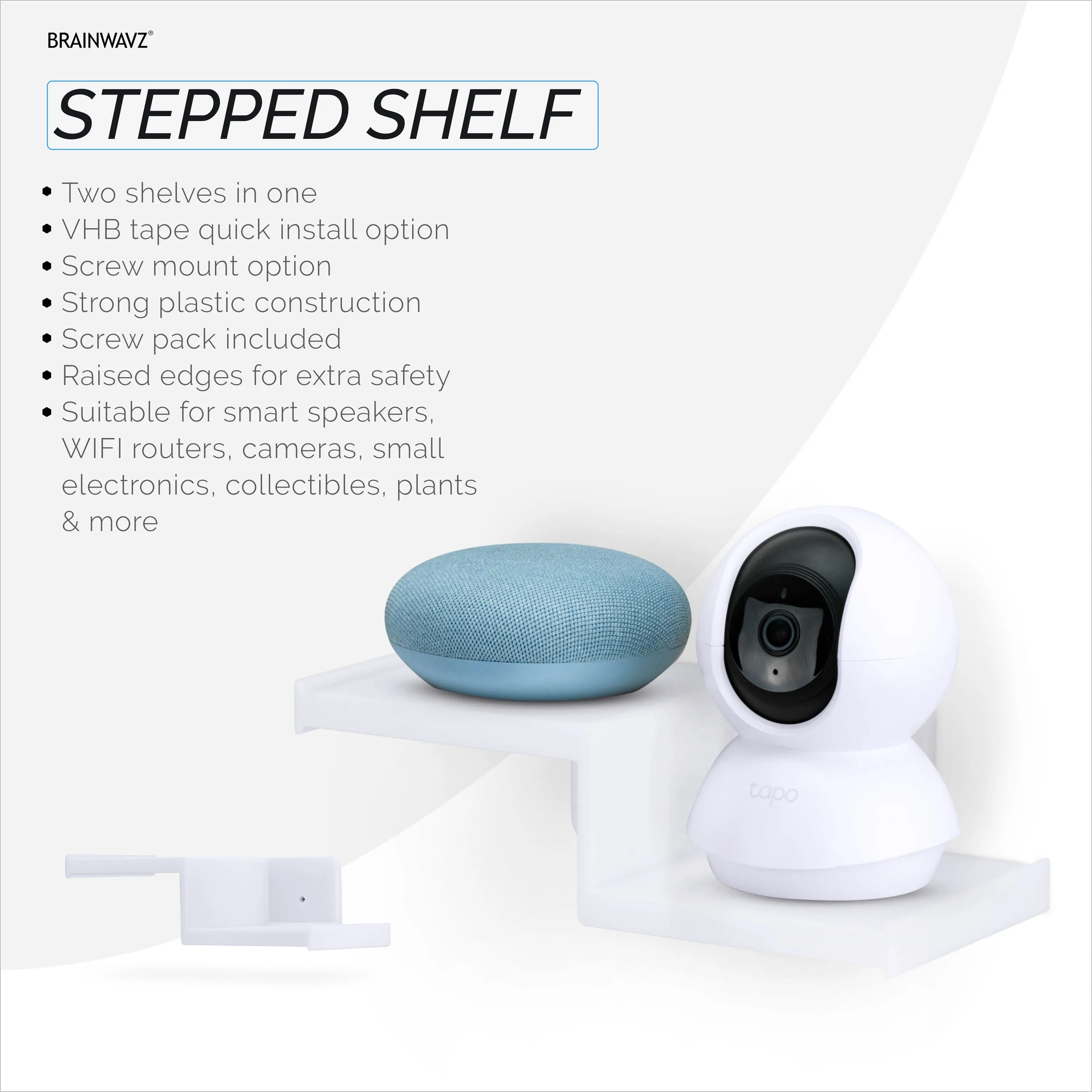 Drill Free Small Wall Mount Shelf For Security Cameras, Baby Monitors, Speakers, Routers, Plants & More, Strong Adhesive