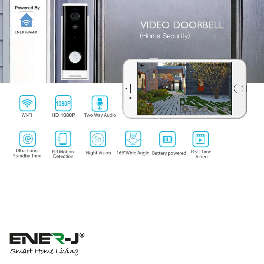 ENERJ Smart Wireless Doorbell with Chime Full HD, WiFi, Security Camera with Motion Detection, Night Vision, Two Way Audio Night Vision & PIR Motion