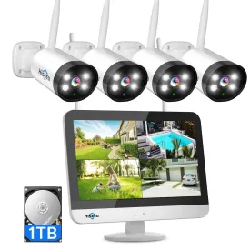 Hiseeu 4Pcs 3MP Wireless WiFi Security Camera System with 12.1" Monitor, 1TB Hard Drive,Color Night Vision , IP66 Waterproof, Motion Alert