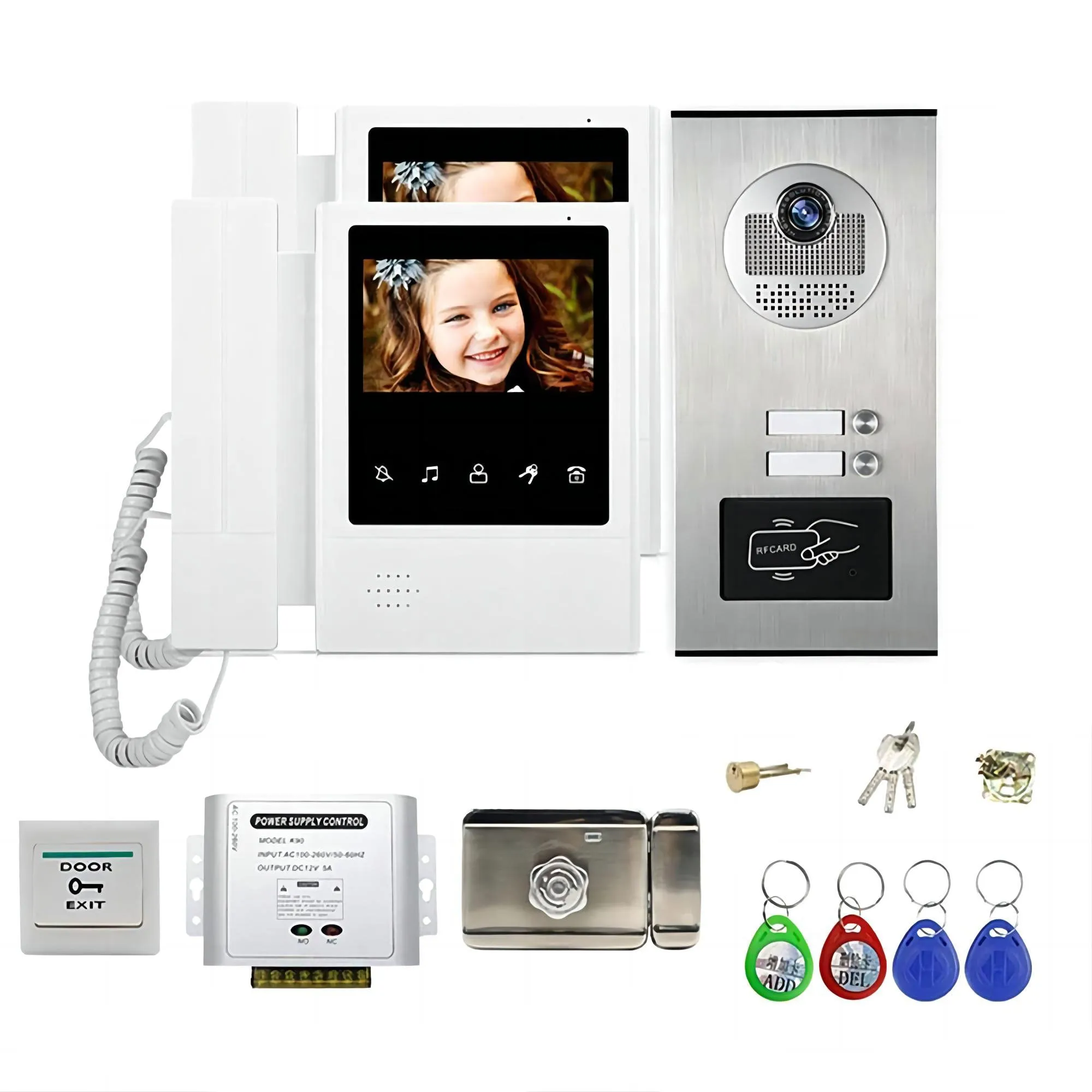 Home 4.3'' TFT Wired Video Intercom Doorbell System RFID Camera with 2 Monitor Exit Button  Electric Lock   Door Access System