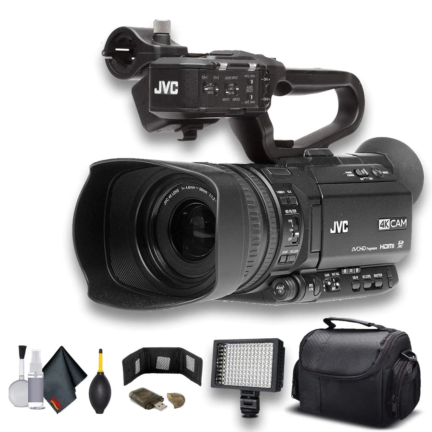 JVC GY-HM250 UHD 4K Streaming Camcorder W/Case, LED Light, Cleaning Kit and More. - Advanced Bundle