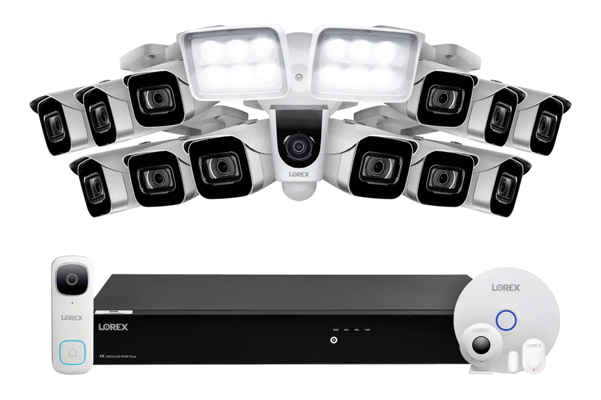 Lorex Fusion 4K (16 Camera Capable) 3TB Wired NVR System with 12 IP Bullet Cameras, 2K Video Doorbell, One 1080P Floodlight and Smart Sensor Kit