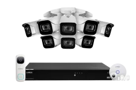 Lorex Fusion 4K (16 Camera Capable) 4TB Wired NVR System with 8 White IP Bullet Cameras, One 2K Wired Video Doorbell and One Sensor Kit