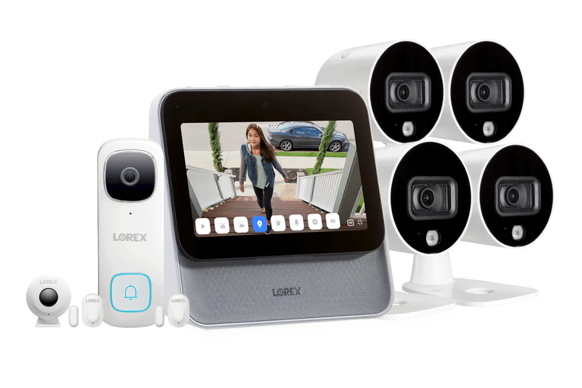 Lorex Smart Home Security Center with 4 Outdoor Wi-Fi Cameras, 2K Video Doorbell and 3 Sensors