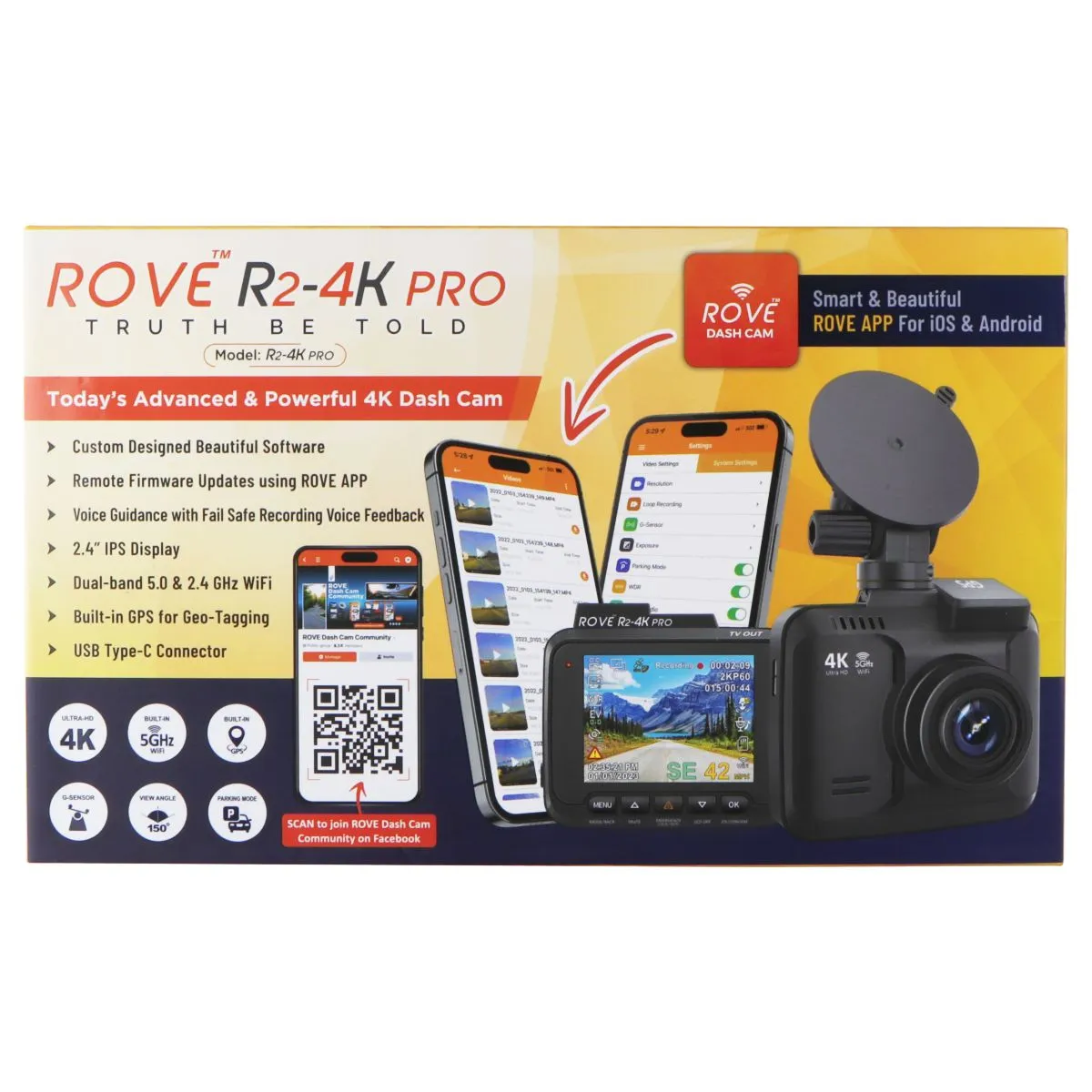 ROVE R2-4K PRO Dash Cam with Built-in GPS and 5G WiFi Dash Camera for Cars