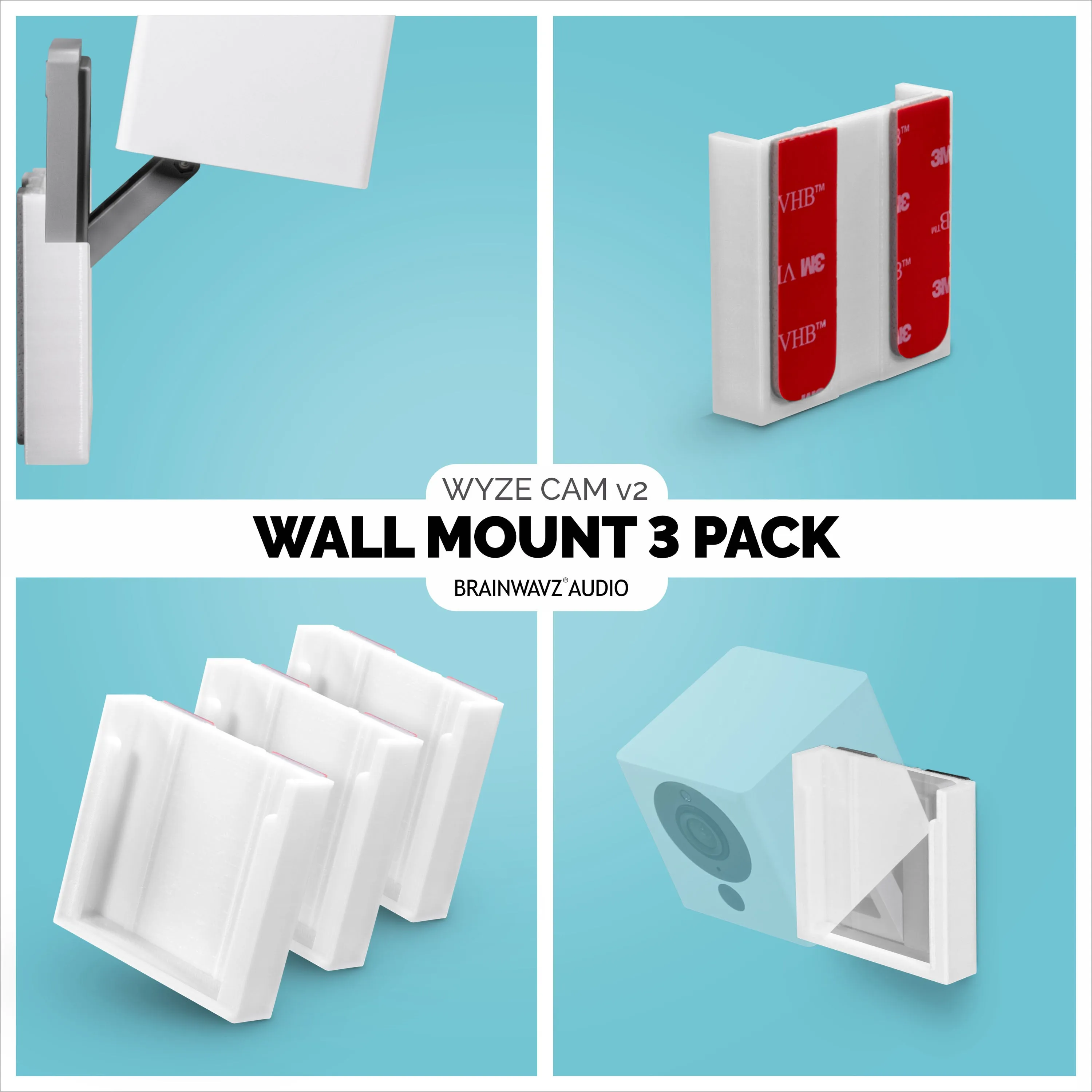 Wyze Cam v2 (3 Pack) Wall Mount - Adhesive Holder, No Screws or Mess (Not Compatible with V3)